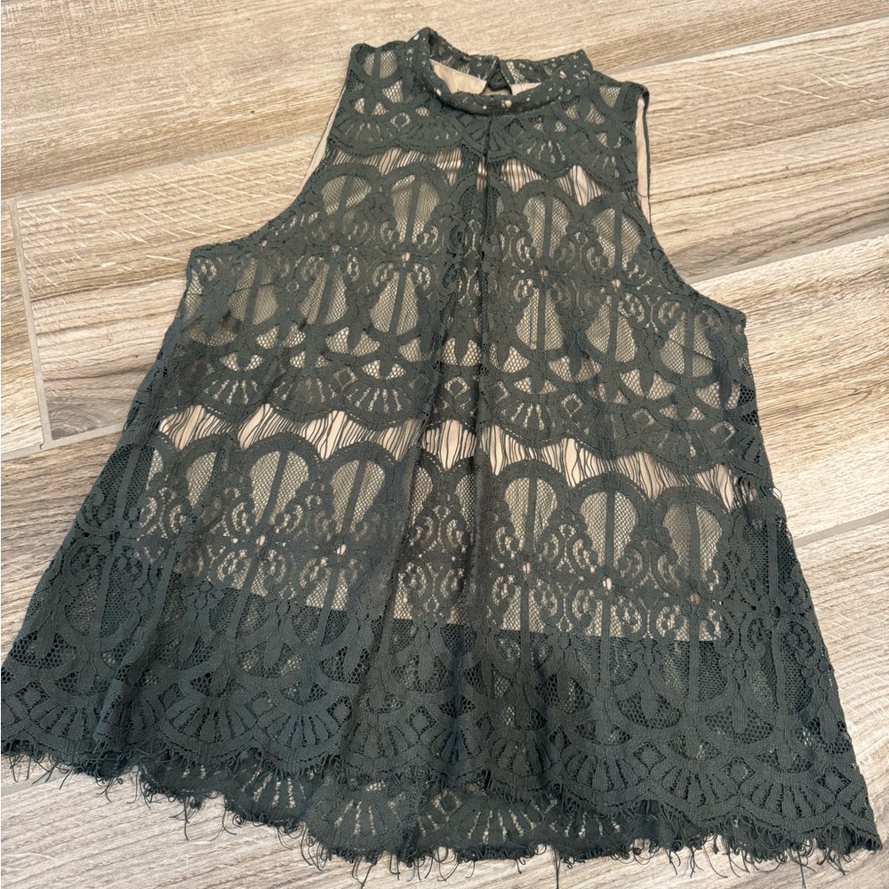 Love, Fire Lace Overlay Top - army green